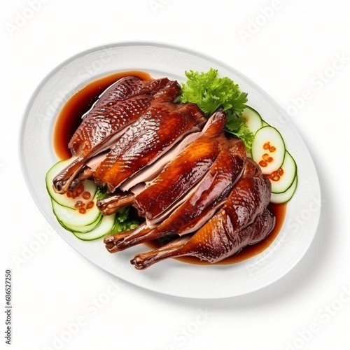 Top view of Chinese food Peking Duck isolated on white background