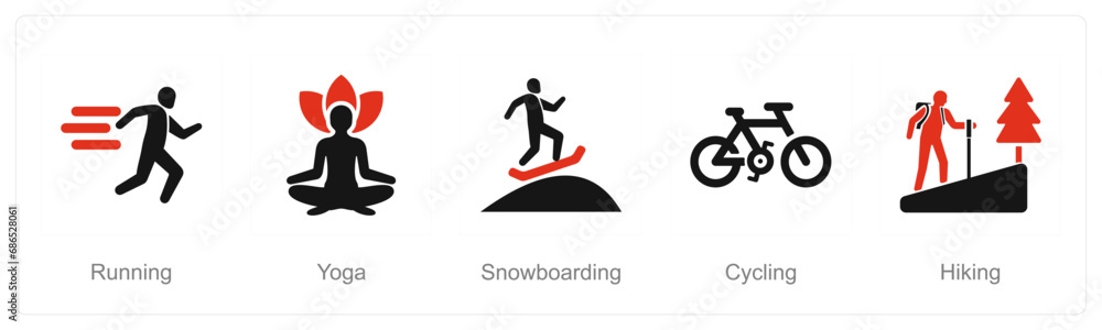 A set of 5 Hobby icons as running, yoga, snowboarding A set of 5 Hobby icons as running, yoga, snowboarding