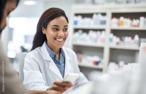 Portrait of smiling pharmacist selling medications in the pharmacy store. Female pharmacist working in chemist shop or pharmacy. Medical pharmacy drug purchase concept.