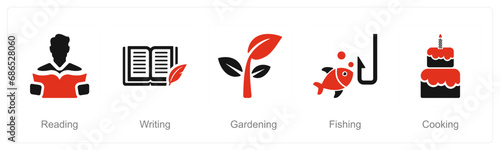 A set of 5 Hobby icons as reading, writing, gardening