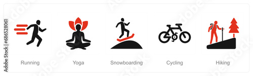 A set of 5 Hobby icons as running, yoga, snowboarding