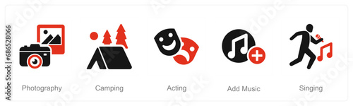 A set of 5 Hobby icons as photography, camping, acting