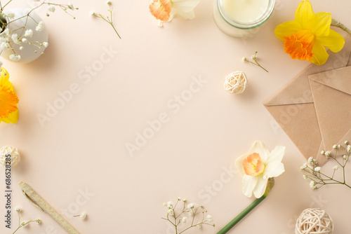 Extend your heartfelt spring wishes with daffodils and gypsophila. Top view image captures flowers, an envelope, aroma candle and decor on a serene beige isolated background, ready for adverts or text