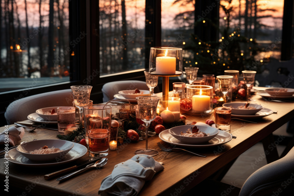 Cozy family Christmas dinner. Festive serving with candles Cozy family Christmas dinner. Festive serving with candles