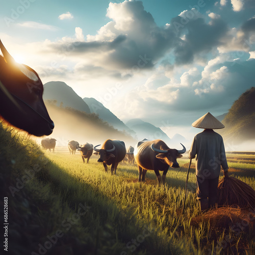 Farmer and water buffalos are in the rice field. photo