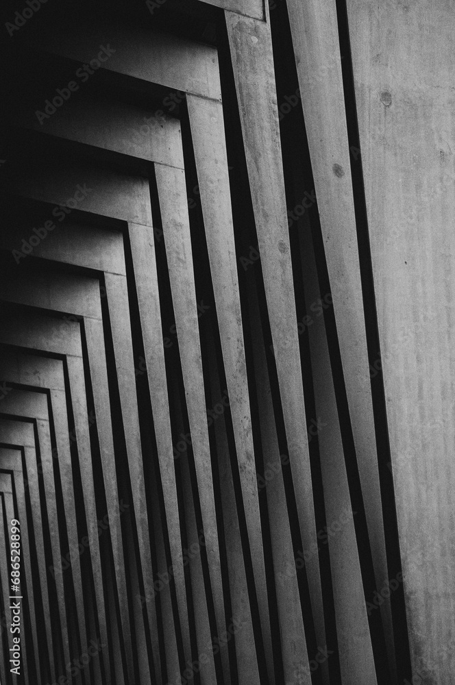 Vertical grayscale shot of an array of wooden pillars Vertical grayscale shot of an array of wooden pillars