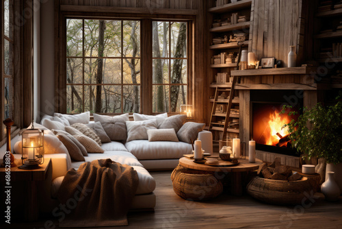 Cozy evening by the fireplace in the living room. The interior of a modern house with a sofa and burning candles in the decor