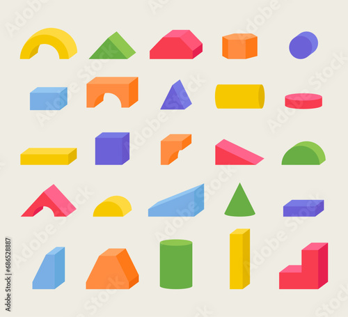 geometry bricks kids. simple geometrics forms bocks shapes symbols details, cartoon 3d childish constructor toys, baby development activity concept collections. vector cartoon items set.