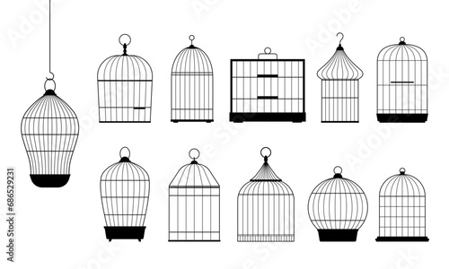 outlined cages. line art simple pixel perfect ornamental bird cages collection, metal animal transport handing cages. vector cartoon set of isolated objects.