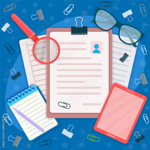 illustration of office equipment and applicant and contract documents such as books and note paper, pens and paper clips, calendar icons, glasses and clocks