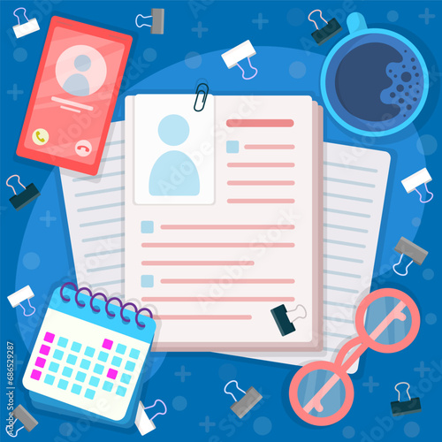 illustration of office equipment and applicant and contract documents such as books and note paper, pens and paper clips, calendar icons, glasses and clocks