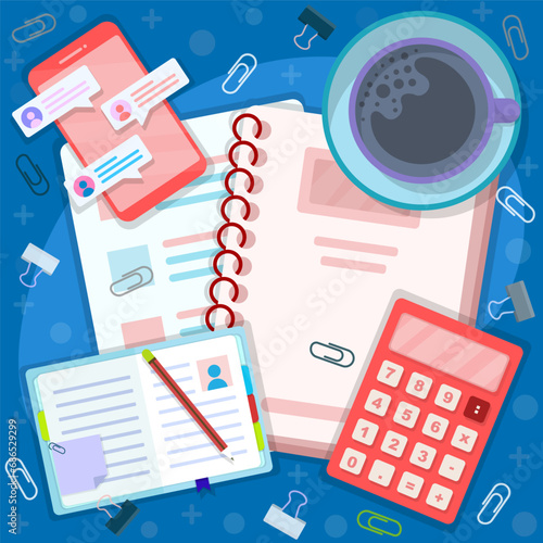 illustration of office equipment and applicant and contract documents such as books and note paper, pens and paper clips, calendar icons, glasses and clocks