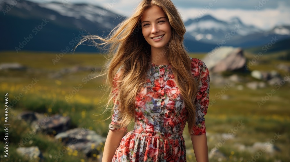 blonde norwegian young woman wearing a colorful top - outdoor portrait - obrazy, fototapety, plakaty 