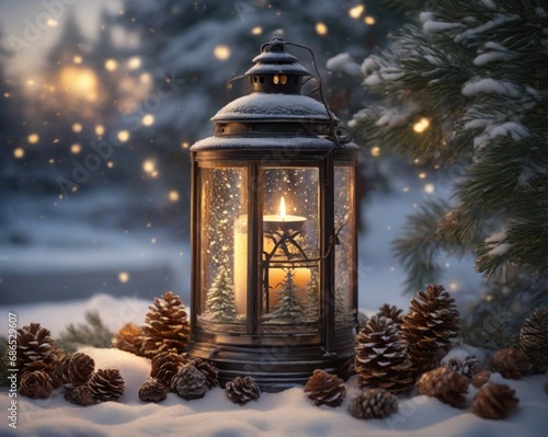Christmas lantern with candles. Sparks and snow © Danil Bukharov