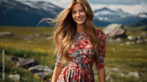 blonde norwegian young woman wearing a colorful top - outdoor portrait photo