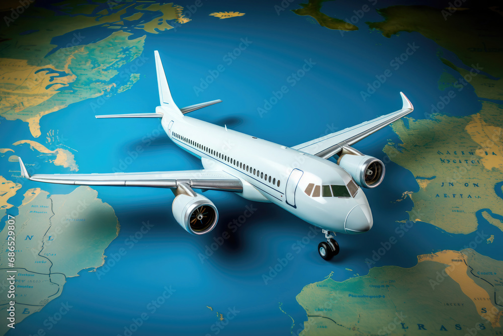 Naklejka premium Mockup of a passenger plane on the world map. The concept of travel and transportation