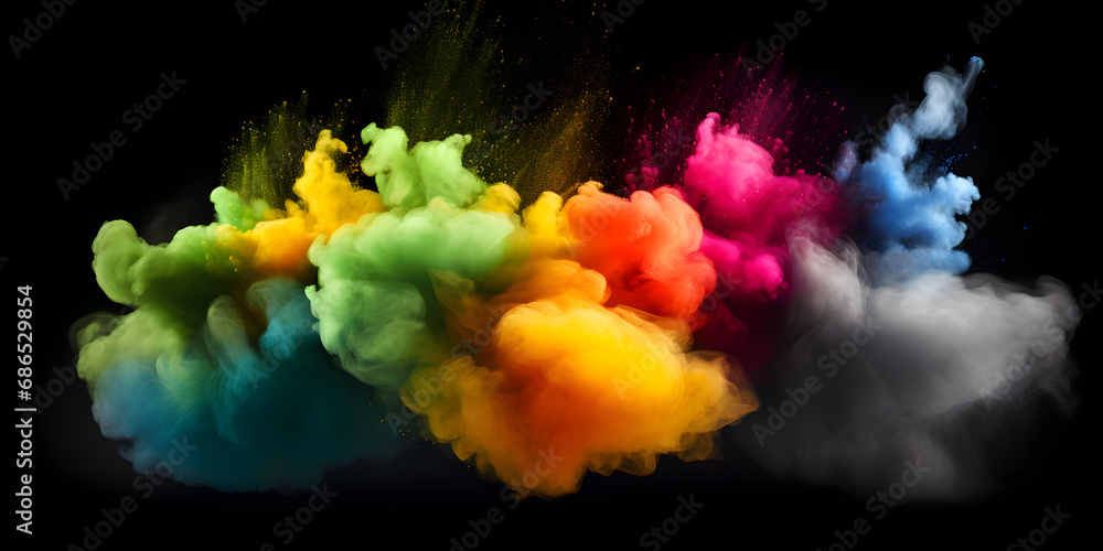 Explosion of colored powder isolated on black background. Abstract colored background,Colorful rainbow holi paint splash, Color Holi Festival.