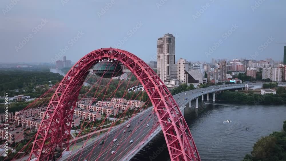 Flying Over A Picturesque Bridge In Moscow, Architecture Of Russia Flying Over A Picturesque Bridge In Moscow, Architecture Of Russia