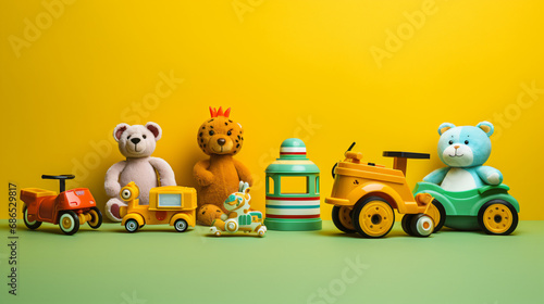 Different colorful children toys on yellow backgound