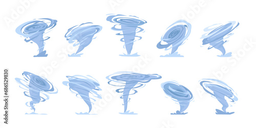 vortex tornado set. cartoon flat spiral cyclone windstorms funnels, catastrophe stormy destruction weather twists. vector cartoon minimalistic objects collection.