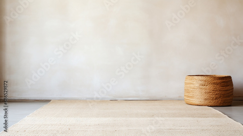 Minimalistic boho background with jute carpet and raffia basket. photo