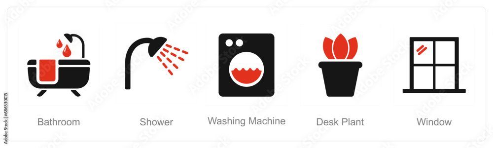 A set of 5 Home Interior icons as bathroom, shower, washing machine A set of 5 Home Interior icons as bathroom, shower, washing machine