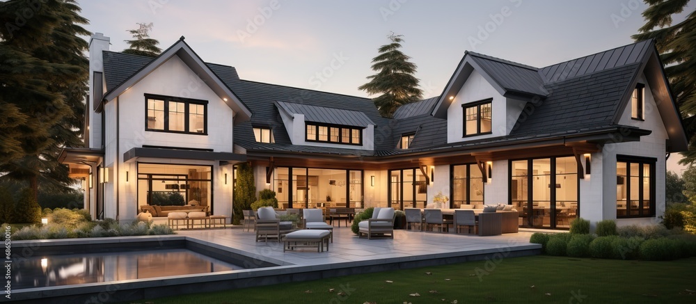 Fototapeta premium At twilight a luxurious home exterior in beautiful modern farmhouse style