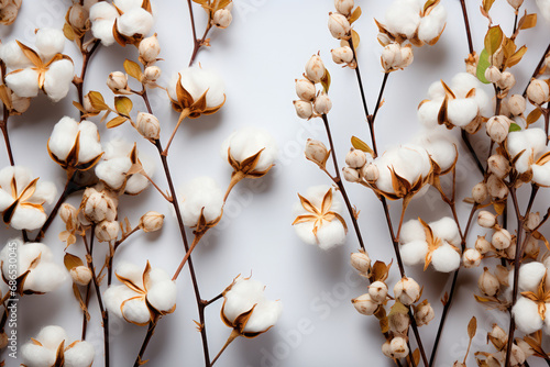 Cotton flowers on a white background. Cozy winter or autumn