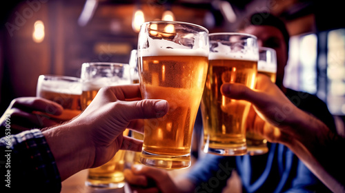 friends in a bar clinking mugs of beer close-up. legal AI