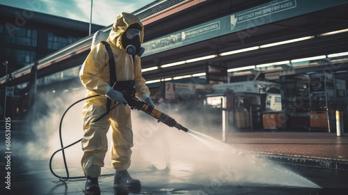 A person in a hazmat suit spraying disinfectant in a public area