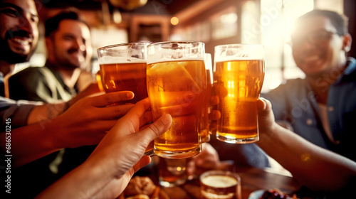 friends in a bar clinking mugs of beer close-up. legal AI