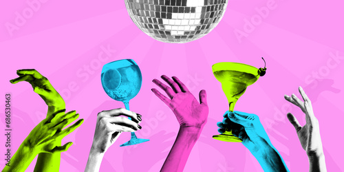 Poster. Contemporary art collage. Hands raised up with cocktails in dance club. Bright comics style design.