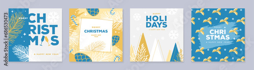 Set of Merry Christmas holiday typography greeting cards or covers in modern minimalist style. Vector illustration