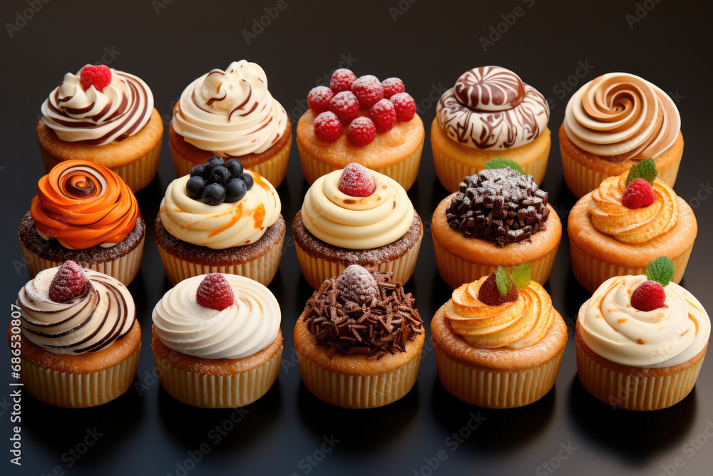 Assorted mini cupcakes on a dark background Assorted mini cupcakes on a dark background