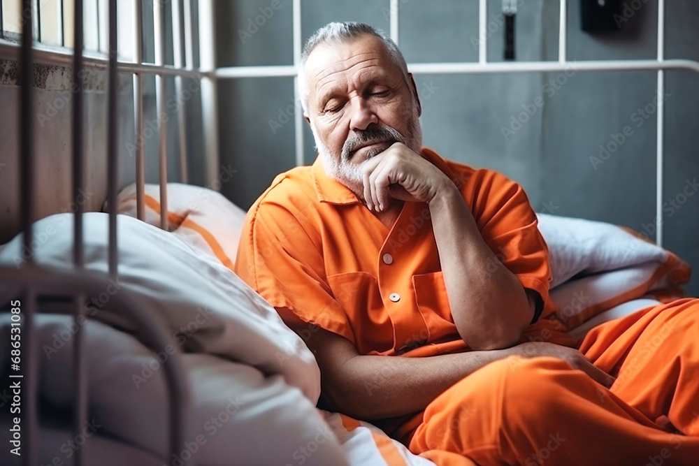 middle Caucasian prisoner in aged orange uniform behind metal bars, looking at camera. Criminal serves term of imprisonment in prison cell. Inmate stands behind bars in jail or detention center middle Caucasian prisoner in aged orange uniform behind metal bars, looking at camera. Criminal serves term of imprisonment in prison cell. Inmate stands behind bars in jail or detention center