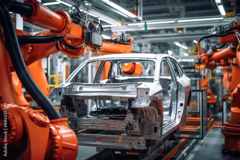 Automobile production line. Welding car body. Modern car assembly plant. Auto industry. Interior of a high-tech factory, modern production.