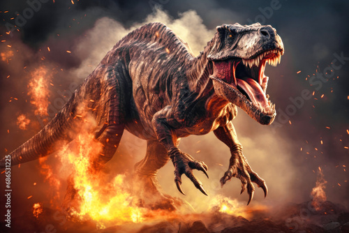 A terrible dinosaur Tyrannosaurus T-rex with an open huge mouth against a background of fire and smoke in the burning primeval jungle. Death of the dinosaurs.