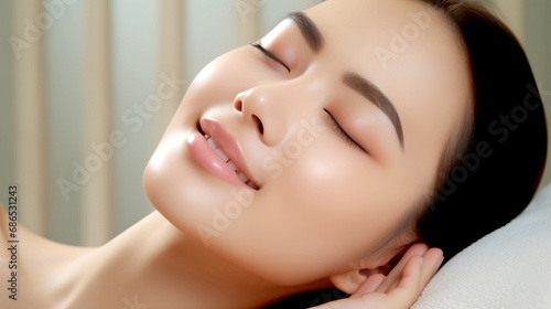 image of happy asian woman with perfect skin  skin care  beauty salon  spa. legal AI