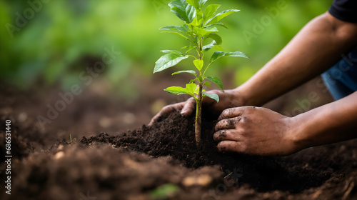 Close-Up of a Man Planting a Tree, Emphasizing Environmental Consciousness on a Lush Green Background