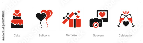 A set of 5 Honeymoon icons as cake, balloons, surprise