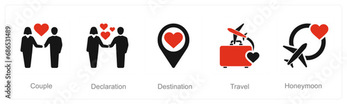 A set of 5 Honeymoon icons as couple, declaration, destination