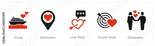 A set of 5 Honeymoon icons as cruise, destination, love story