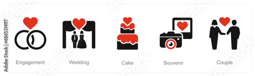 A set of 5 Honeymoon icons as engagement, wedding, cake