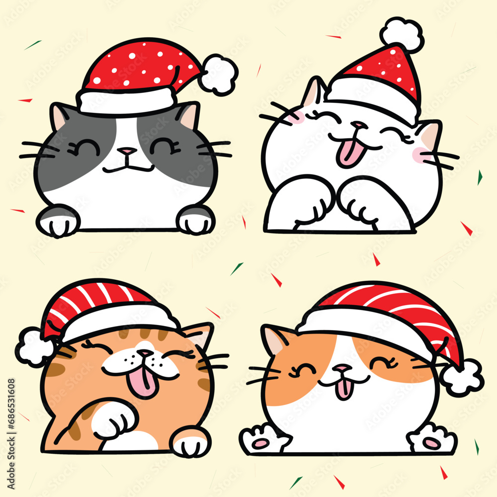 Vector Illustration of Cartoon Cat Face with Christmas Hat Characters on Isolated Background Vector Illustration of Cartoon Cat Face with Christmas Hat Characters on Isolated Background