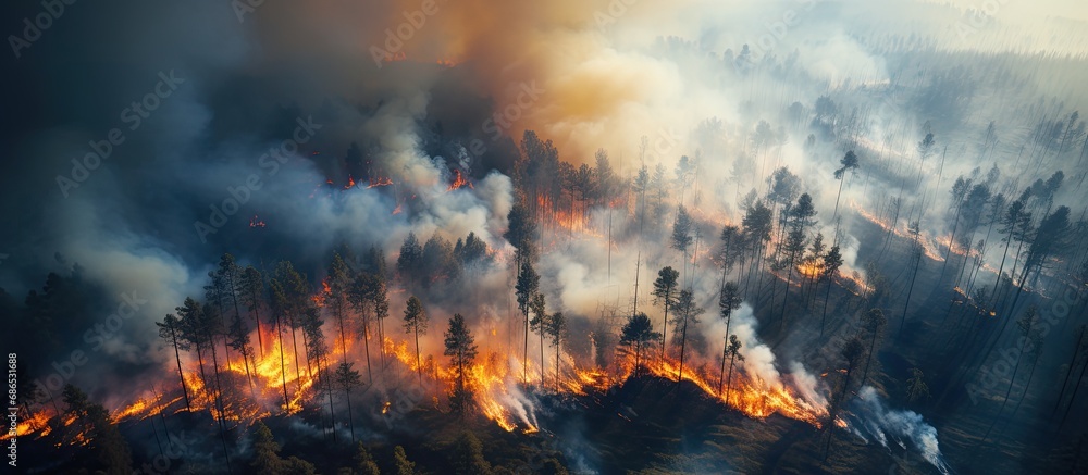 Bird's-eye view of forest wildfire.