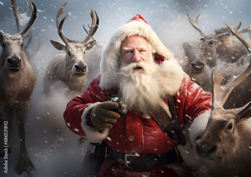 santa clause wearing red jacket, taking photo of reindeer, in the style of energetic, multiple filter effect, Aleksey savrasov, wildlife photography, emotive faces, wide angle lens, donald pass photo