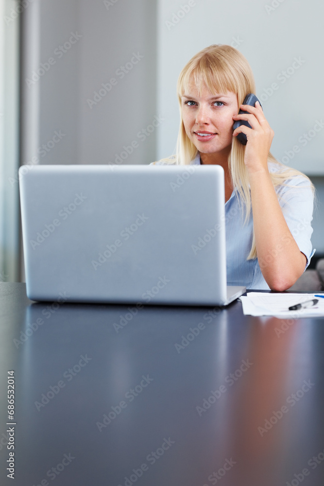 Phone call, business and woman with laptop, portrait and connection with communication, network and internet. Person, employee and entrepreneur with a pc, cellphone and digital app with website info Phone call, business and woman with laptop, portrait and connection with communication, network and internet. Person, employee and entrepreneur with a pc, cellphone and digital app with website info
