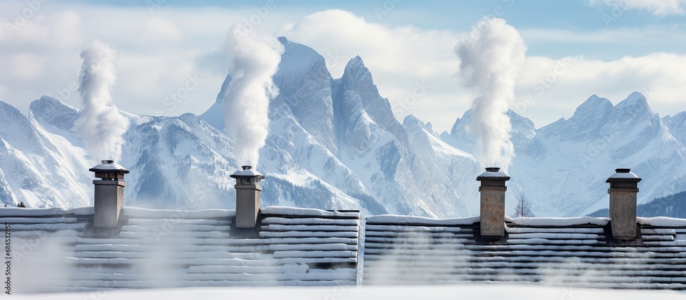 Chimneys of a chalet in the snowy Dolomites Alps - obrazy, fototapety, plakaty 