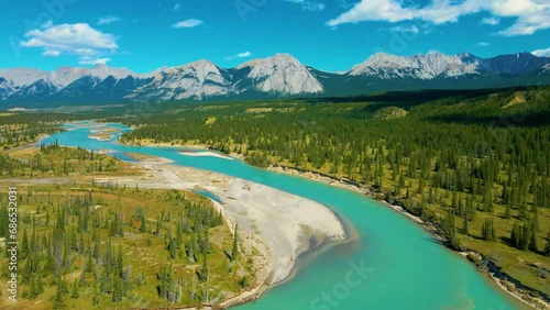 Drone footage of Cline river with amazing Lakes of Alberta, Canada.  photo