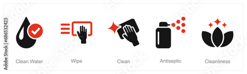 A set of 5 Hygiene icons as clean water, wipe, clean
